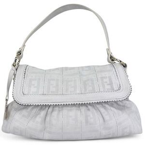 FENDI Chef Hobo White Perforated FF Zucca Logo Calfskin Small Shoulder B…